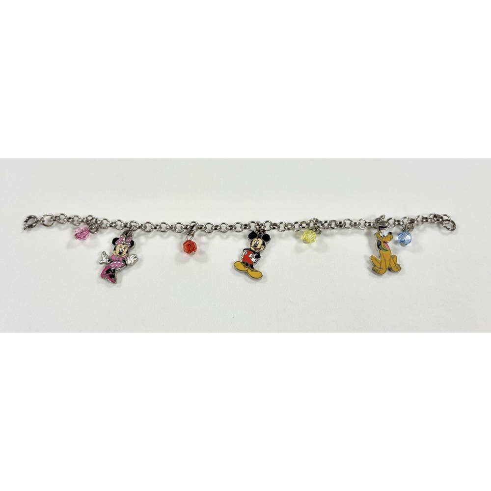 Disney Mickey Mouse Minnie Pluto Charm Bracelet Silver Tone Enamel Beaded 7 Inch